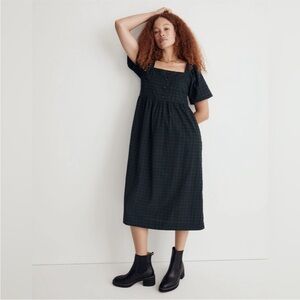 Madewell Corduroy Square Neck Midi Dress Green Windowpane Plaid Cotton Petite